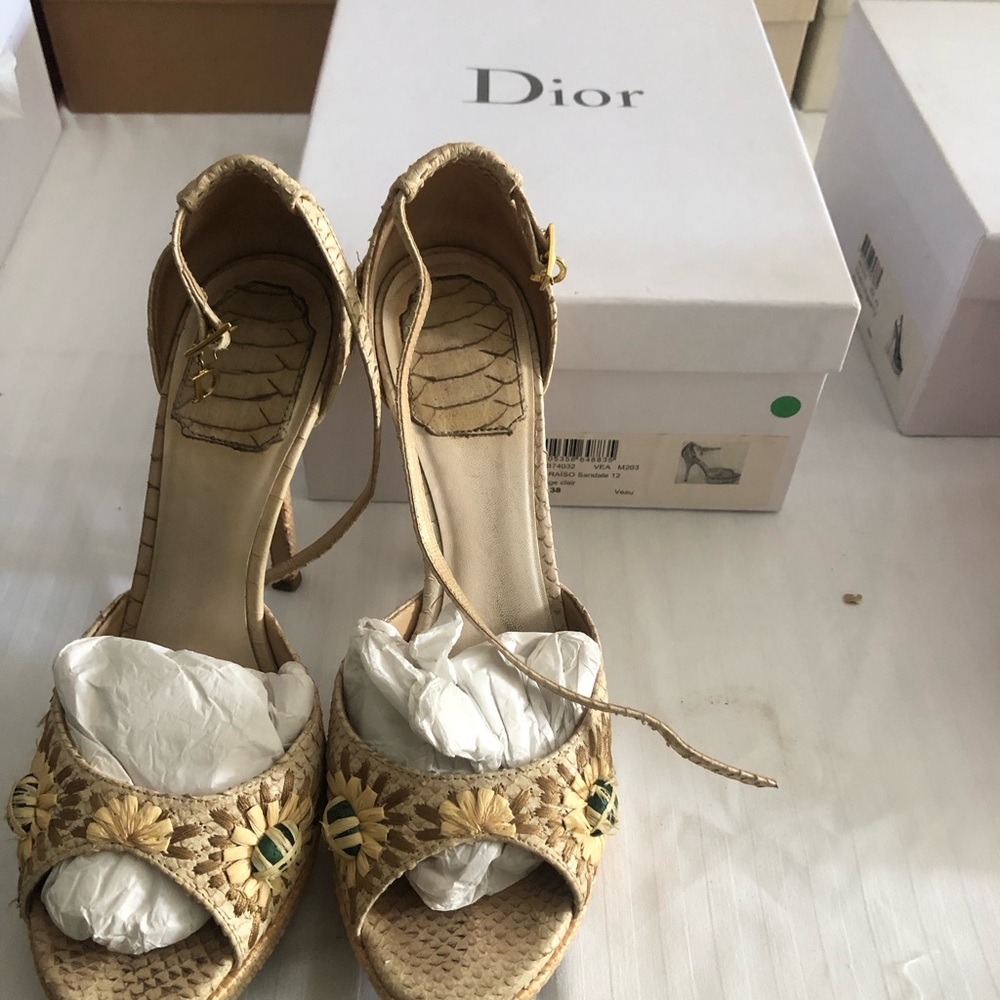 Dior Beige Paraiso Heels with Raffia and Stone Accents size 38